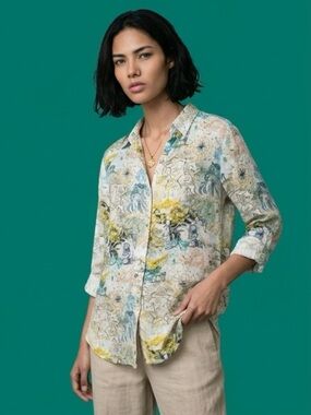 Jane and Delancey Floral Button-Down Shirt-Cream, Yellow, Blue-Boho Chic
